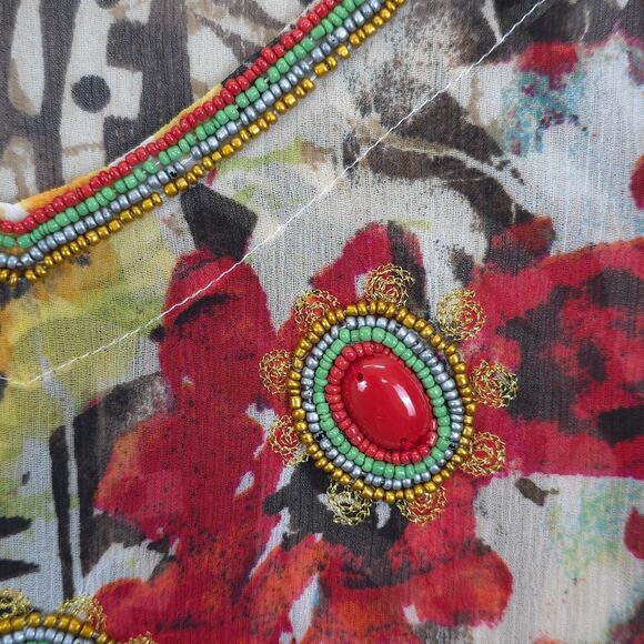Chicos Tunic Top Mix Print Silk Beaded Women 14 Colorful Sheer Artsy Boho Whimsy - Picture 9 of 12
